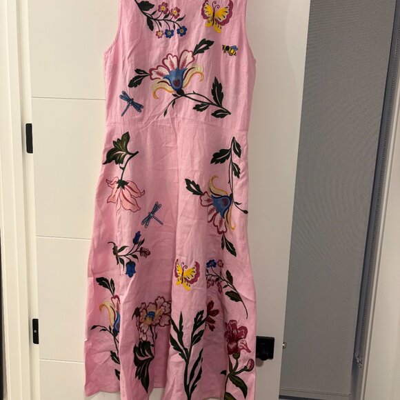 Fanm Mon Gloriosa Pink Floral Embroidered Cotton Midi Dress Size Medium - Picture 3 of 6